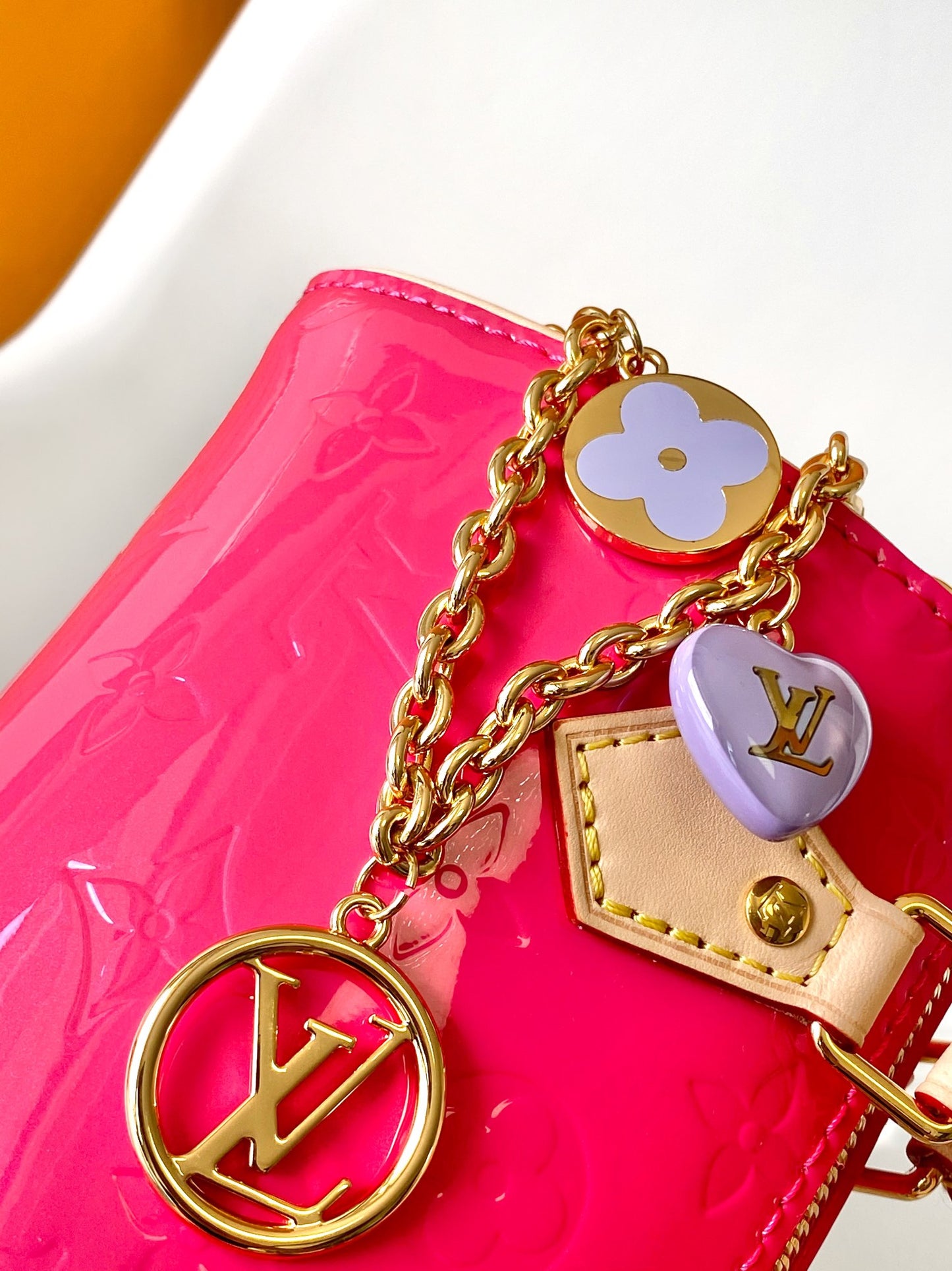 Louis Vuitton Nano Speedy Monogram Vernis Pink Patent Leather Bag with Chain Strap