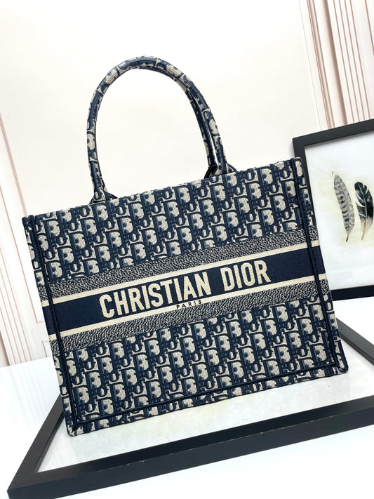 Christian Dior Blue Oblique Embroidery Large Book Tote Bag