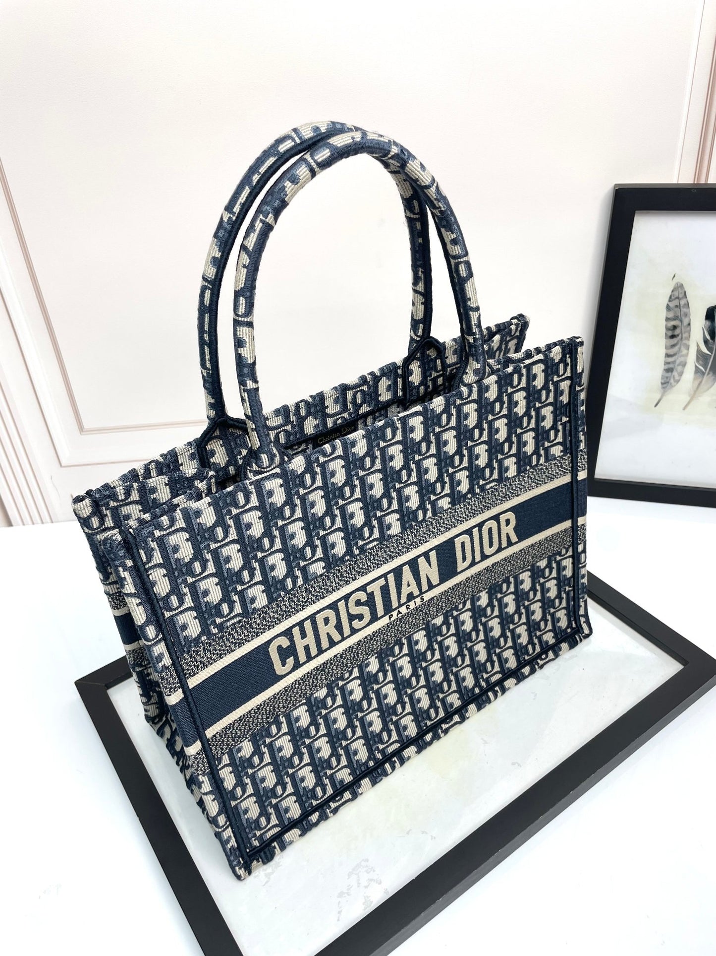 Dior Navy Blue Woven Monogram Canvas Tote Bag Large Travel Handbag