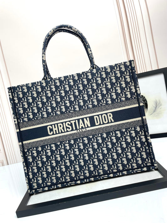 Christian Dior Oblique Embroidered Book Tote Bag - Blue Canvas Large
