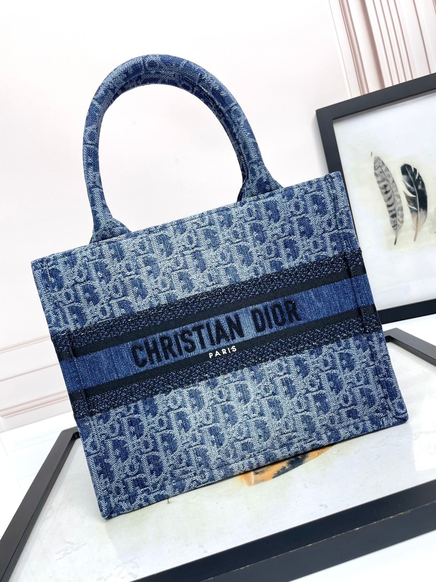 Christian Dior Book Tote Blue Dior Oblique Embroidery Medium Bag