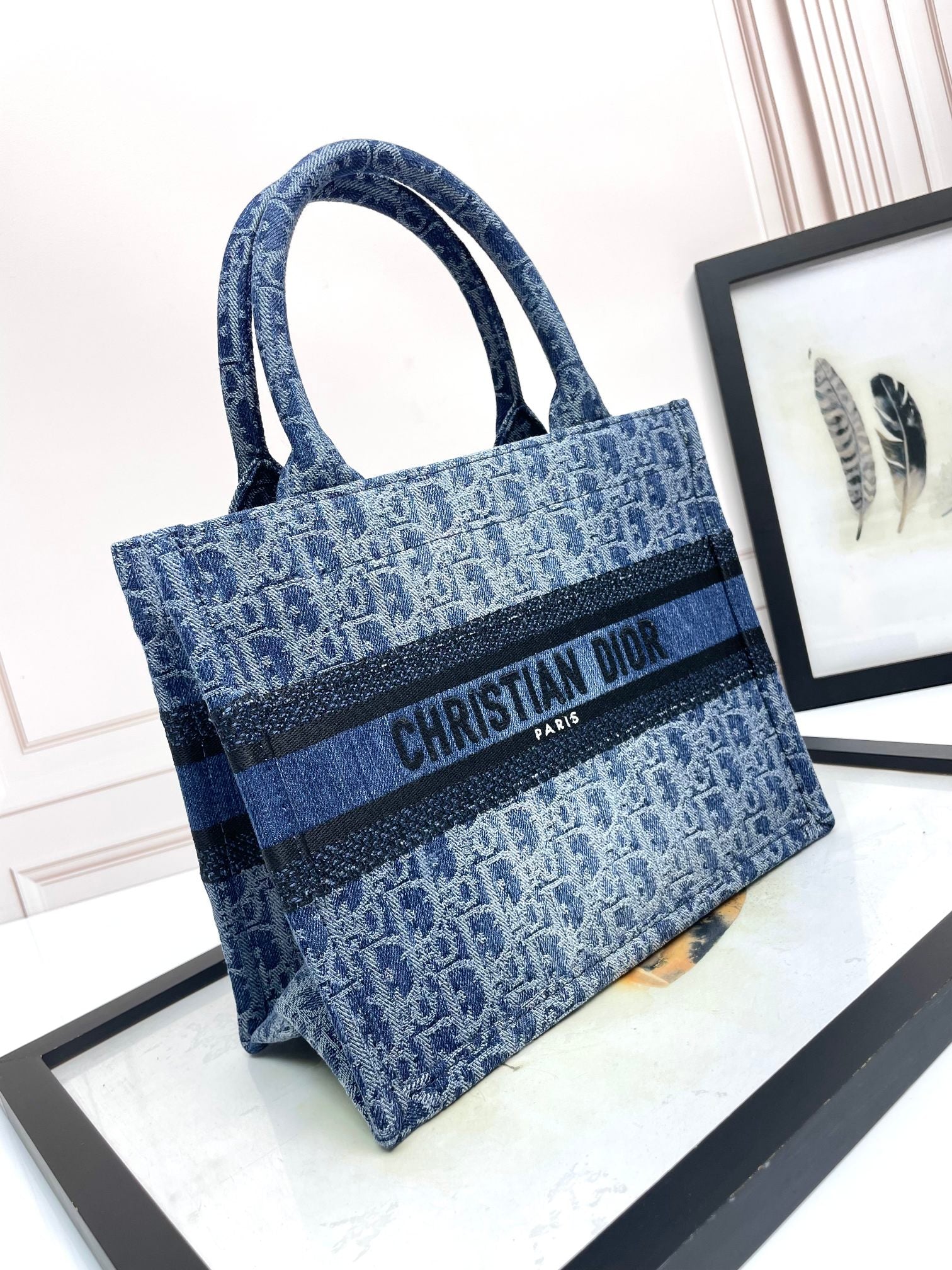 Christian Dior Book Tote Blue Dior Oblique Embroidery Medium Bag