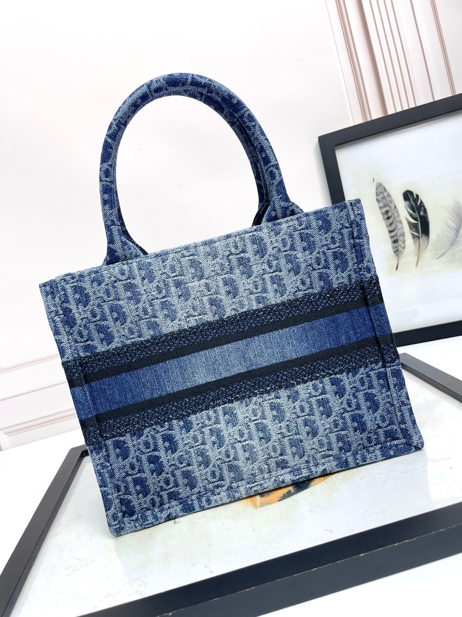 Christian Dior Book Tote Blue Oblique Embroidery Canvas Handbag