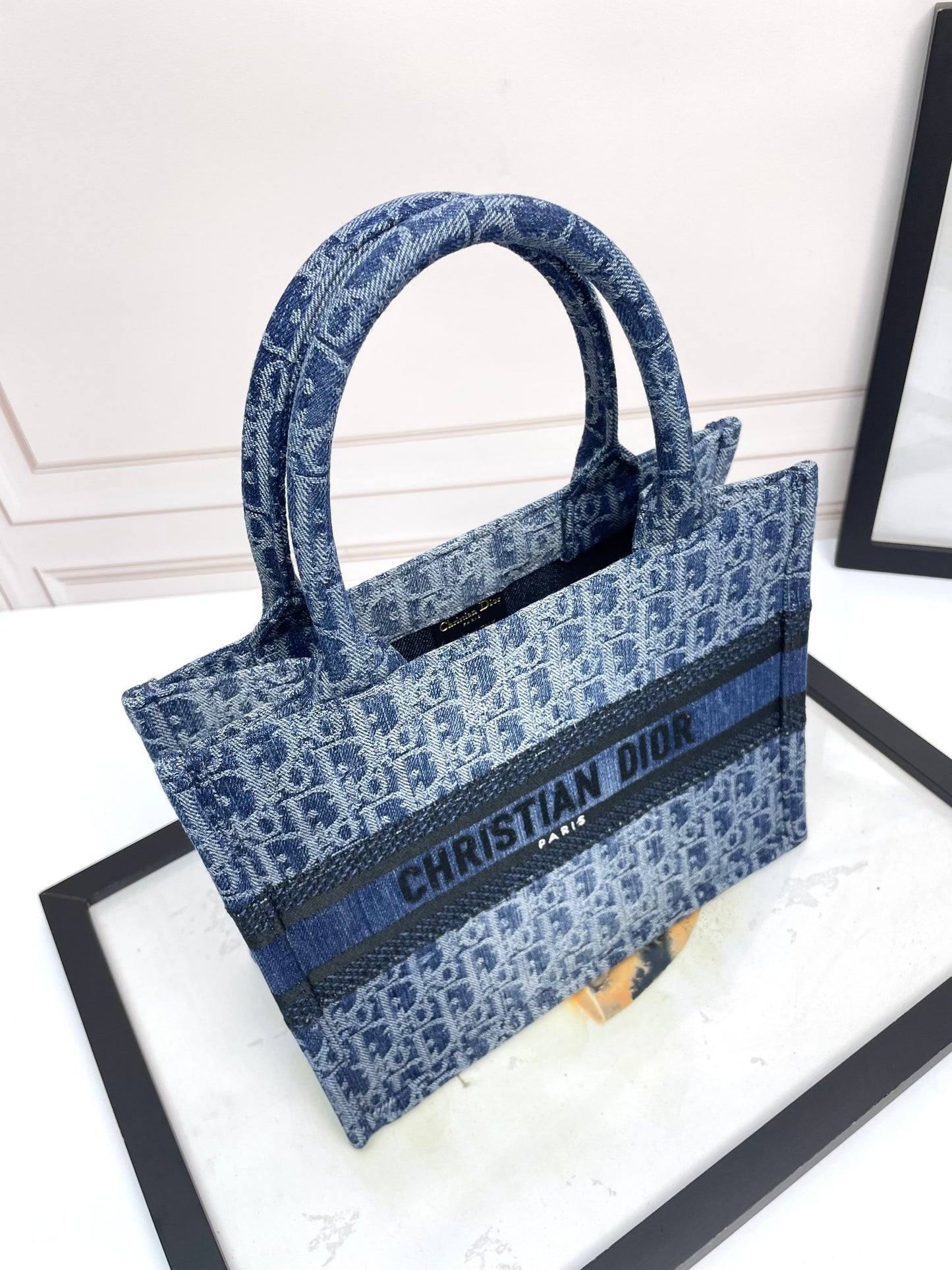 Christian Dior Book Tote Blue Dior Oblique Embroidery Medium Bag
