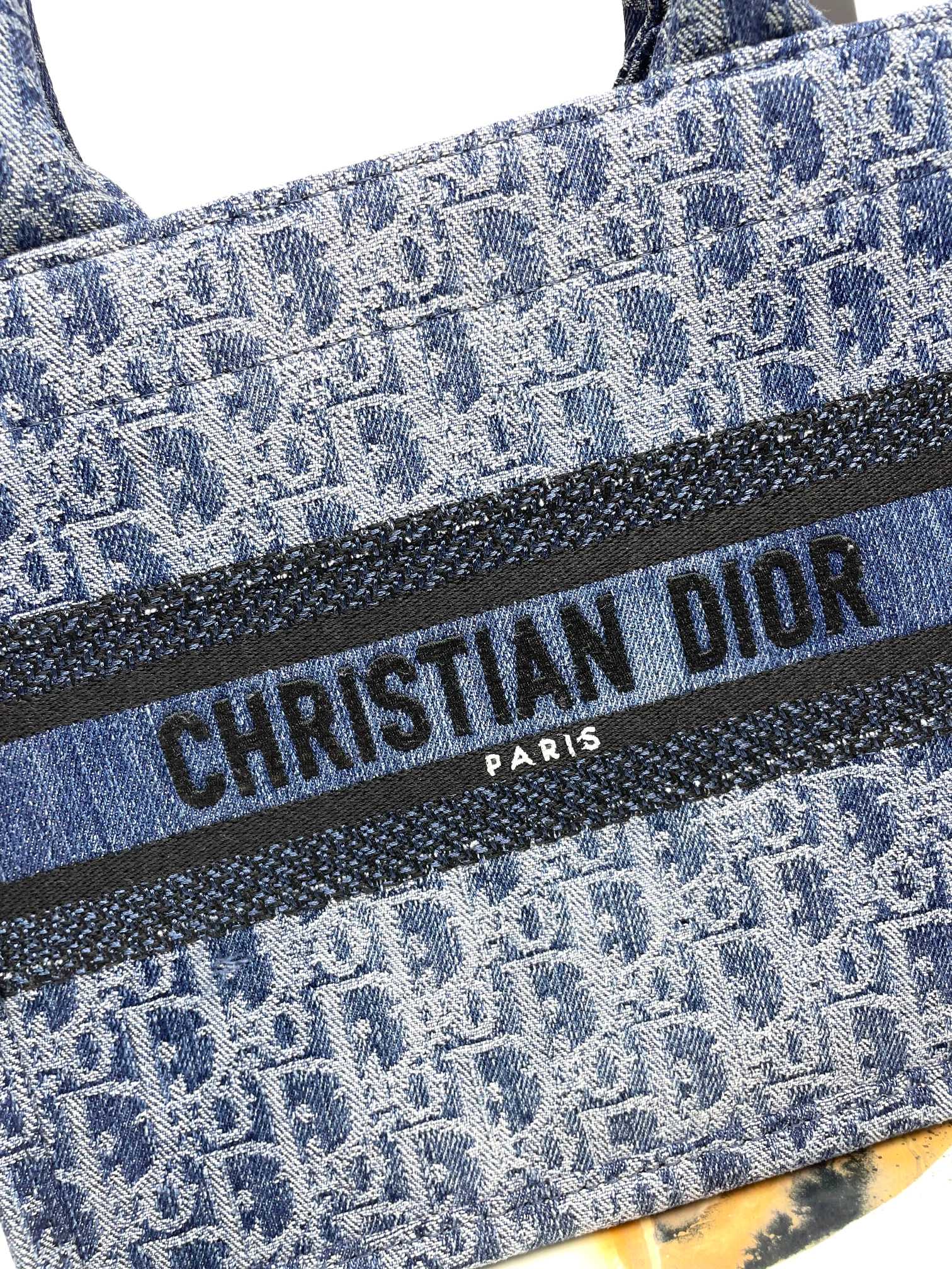 Christian Dior Book Tote Blue Oblique Embroidery Canvas Handbag