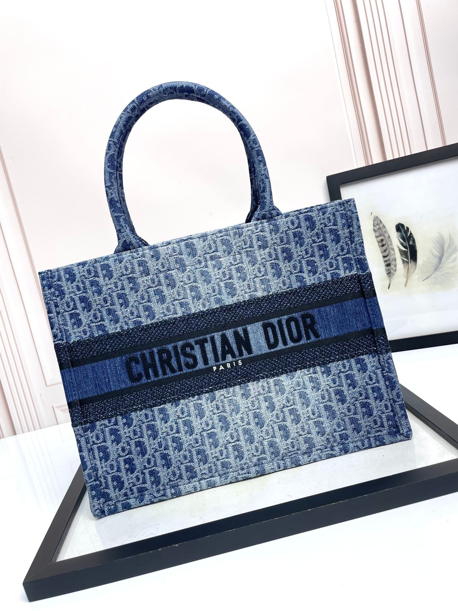 Christian Dior Book Tote Blue Denim Dior Oblique Embroidery Handbag