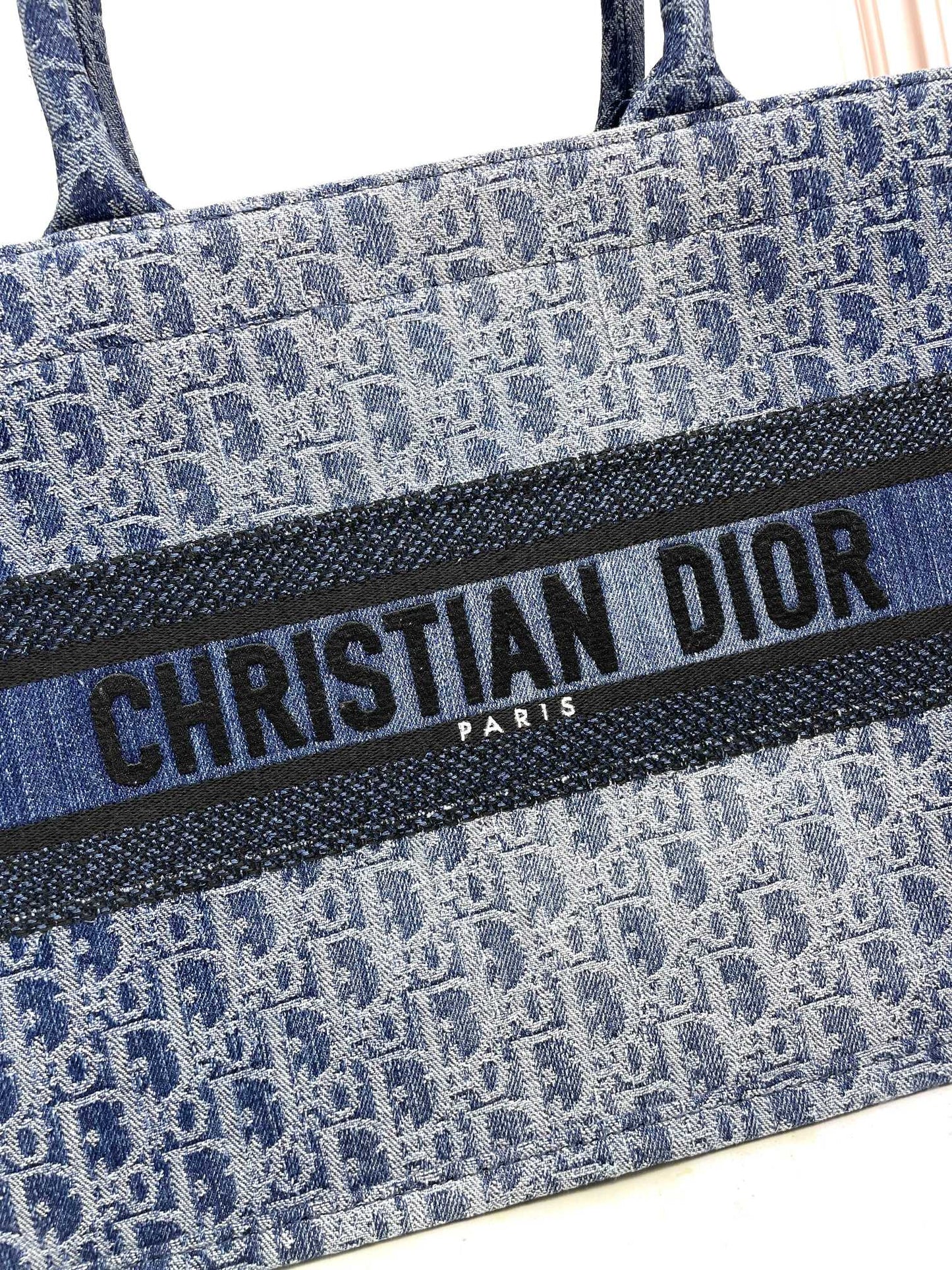 Dior Elegant Blue Monogram Canvas Tote Bag with Top Handles