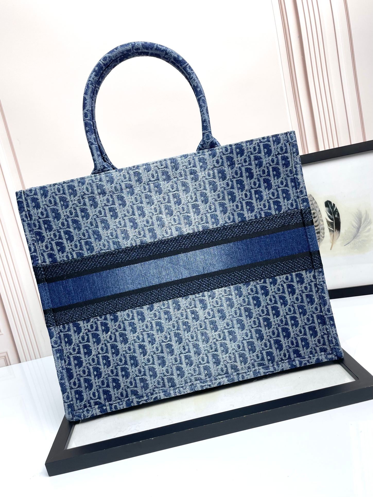 Christian Dior Blue Oblique Denim Book Tote Bag - Large Canvas Handbag
