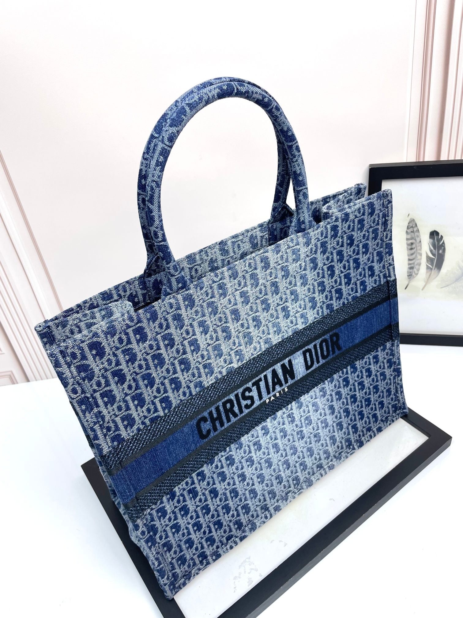 Dior Blue Denim Monogram Pattern Canvas Tote Bag with Top Handles