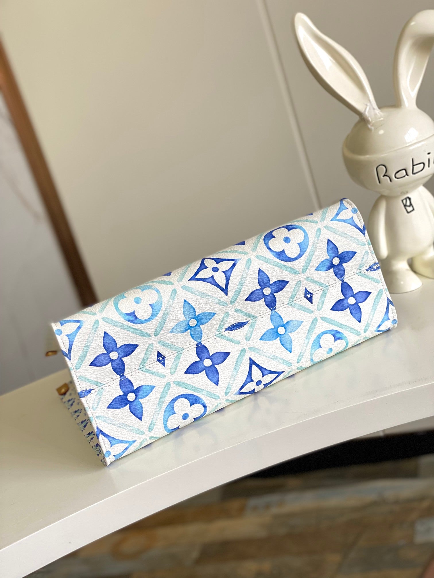 Louis Vuitton Blue Floral Monogram Pattern Large Tote Bag with Leather Handles
