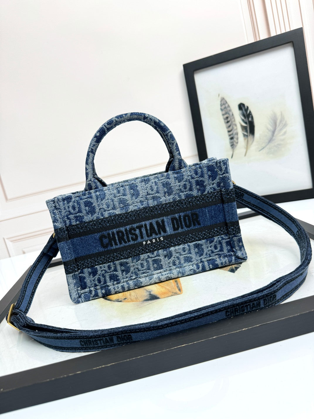 Christian Dior Mini Book Tote Blue Dior Oblique Embroidery Handbag with Strap