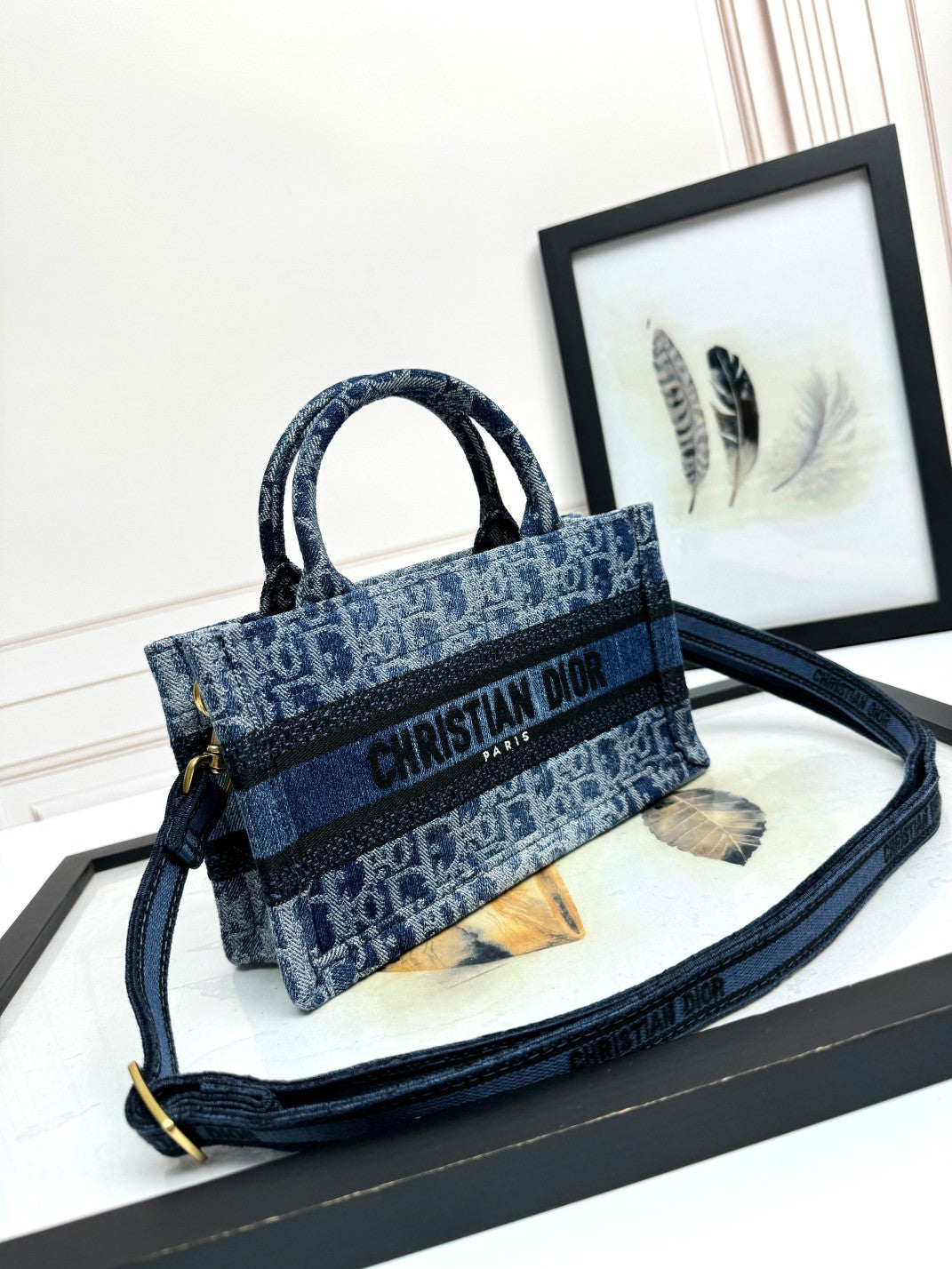 Christian Dior Mini Book Tote Blue Oblique Denim Handbag with Strap