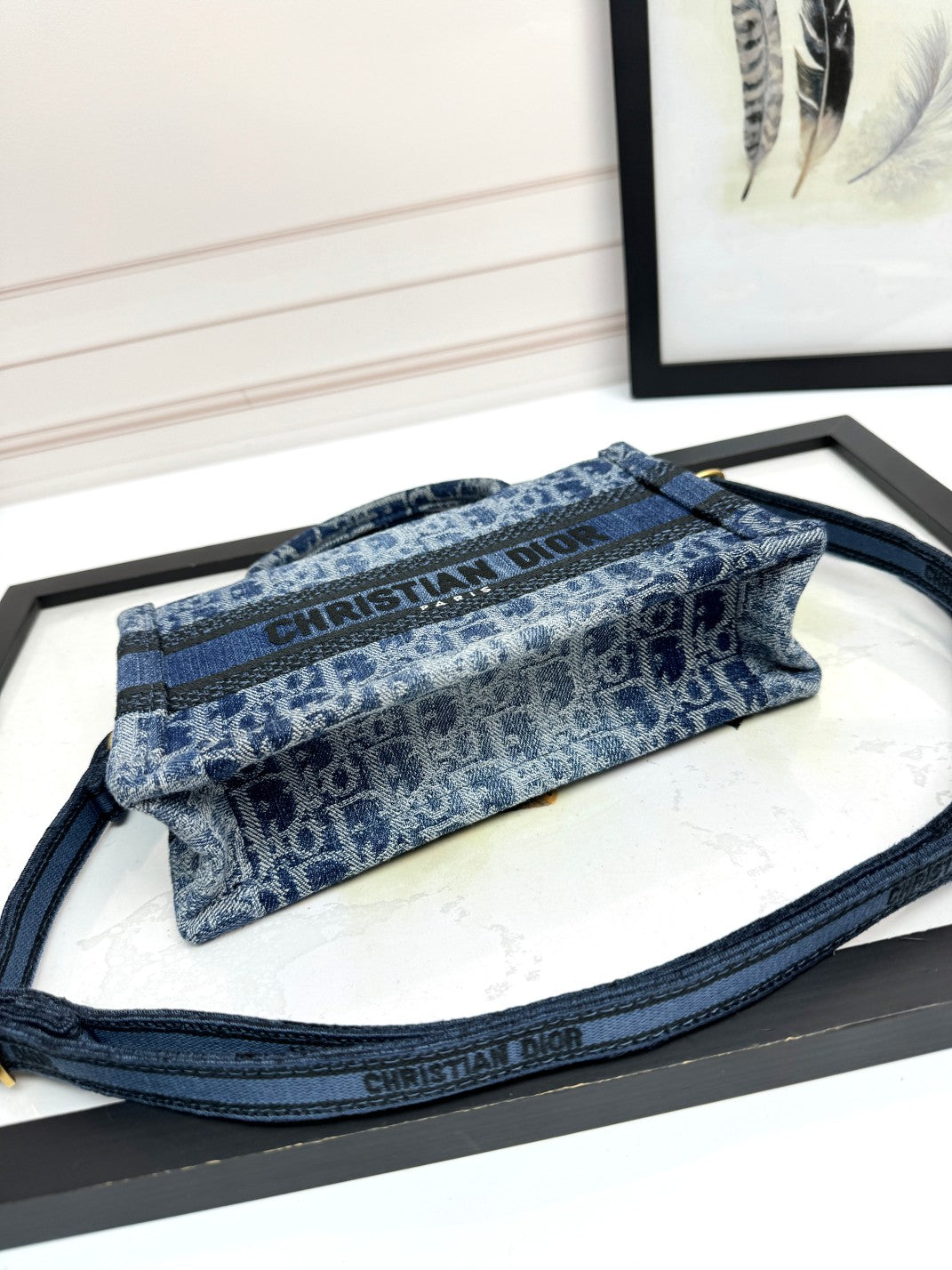 Christian Dior Mini Book Tote Blue Dior Oblique Embroidery Handbag with Strap