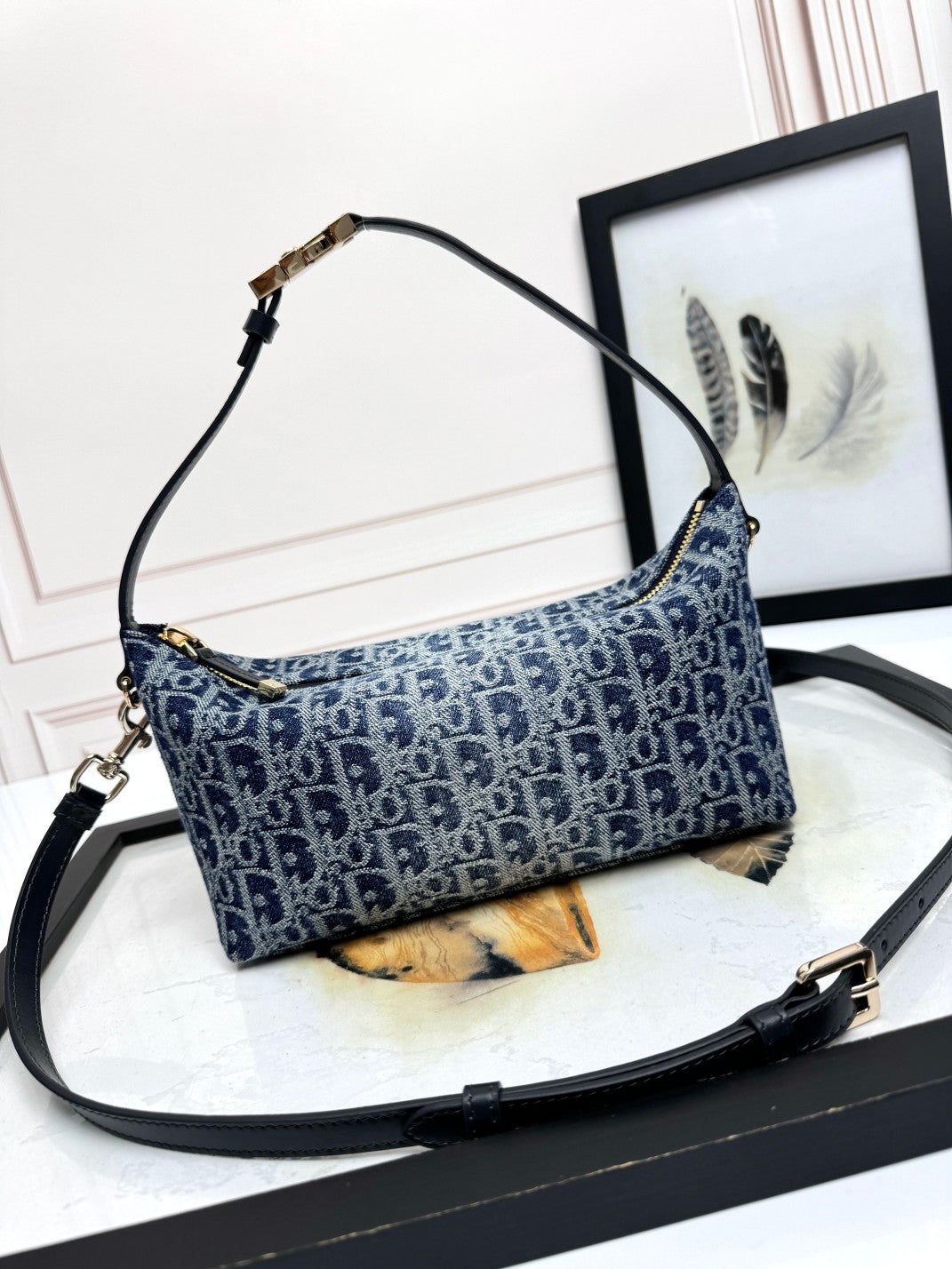 Vintage-Inspired Blue Monogram Jacquard Small Shoulder Bag with Crossbody Strap