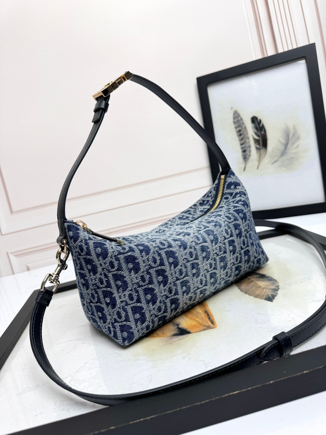 Vintage-Inspired Blue Monogram Jacquard Small Shoulder Bag with Crossbody Strap