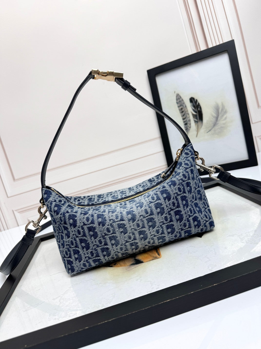 Vintage-Inspired Blue Monogram Jacquard Small Shoulder Bag with Crossbody Strap