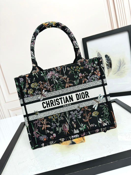 Christian Dior Book Tote with Multicolor Floral Embroidery - Black Canvas