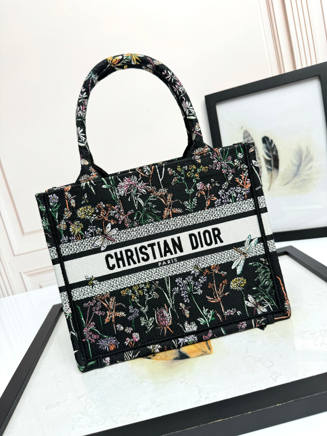 Christian Dior Book Tote Bag with Black Herbarium Embroidery