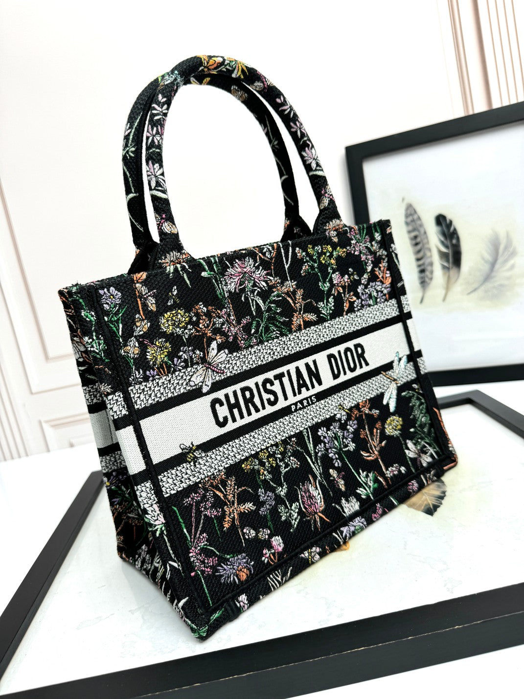 Christian Dior Book Tote Bag with Black Herbarium Embroidery