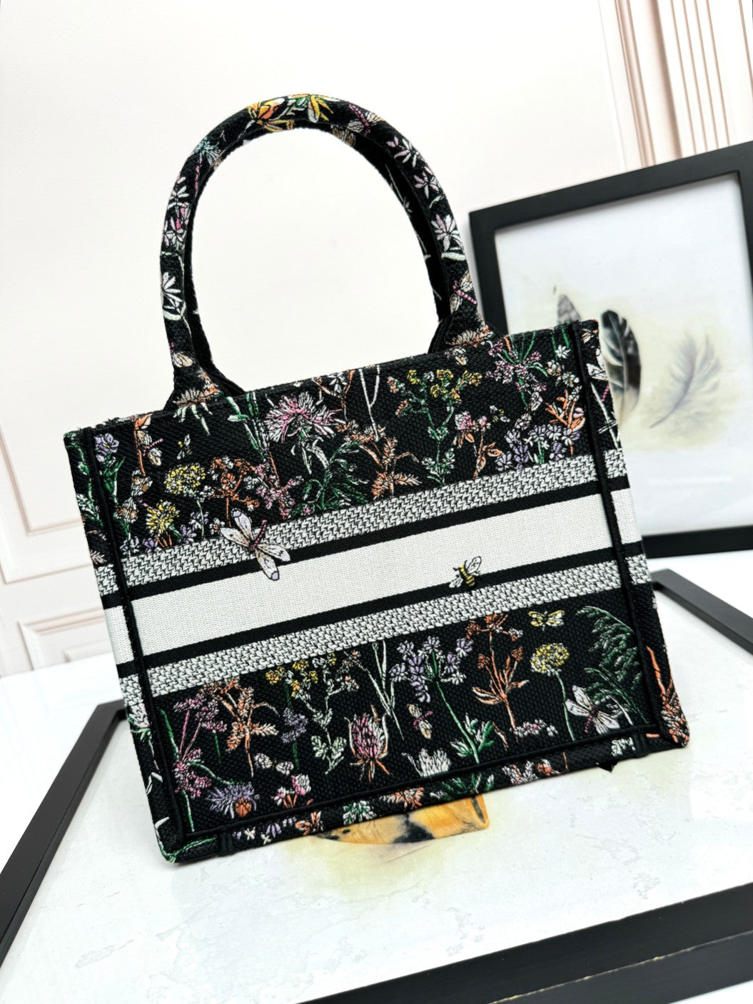 Christian Dior Book Tote with Multicolor Floral Embroidery - Black Canvas
