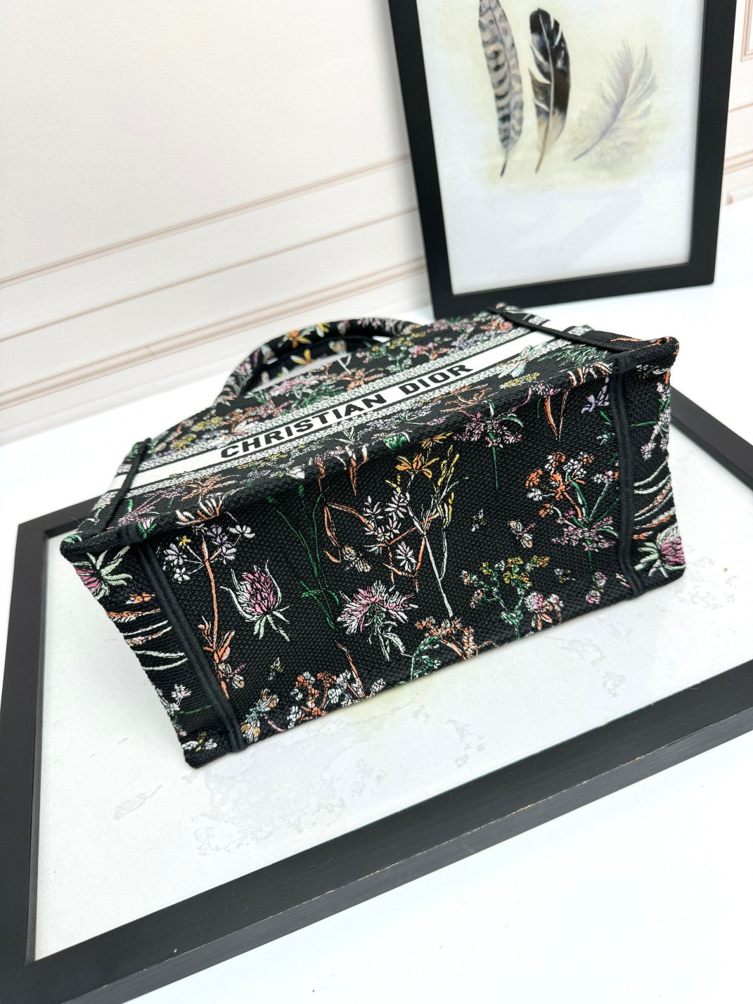 Christian Dior Book Tote with Multicolor Floral Embroidery - Black Canvas