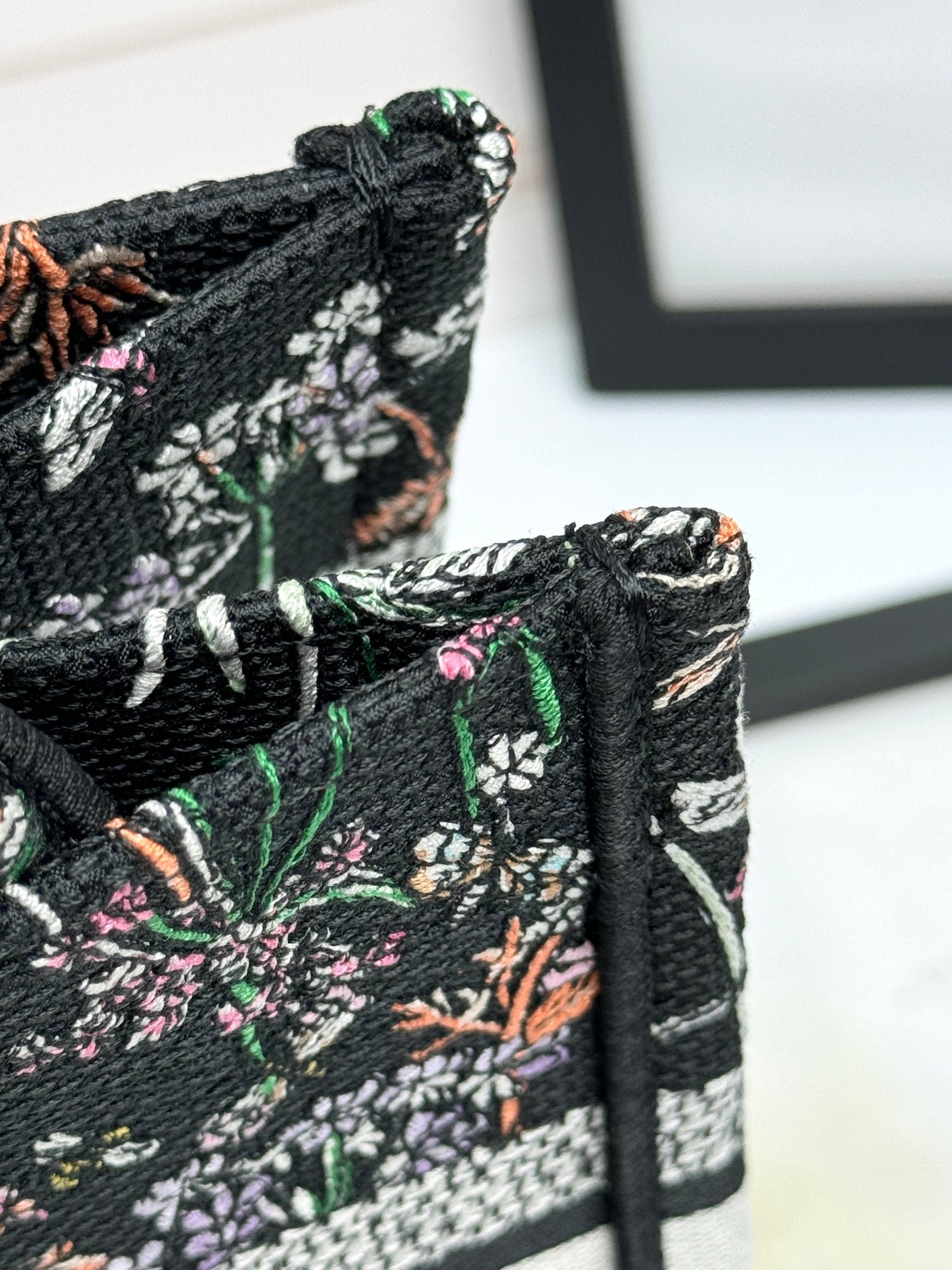 Christian Dior Book Tote with Multicolor Floral Embroidery - Black Canvas