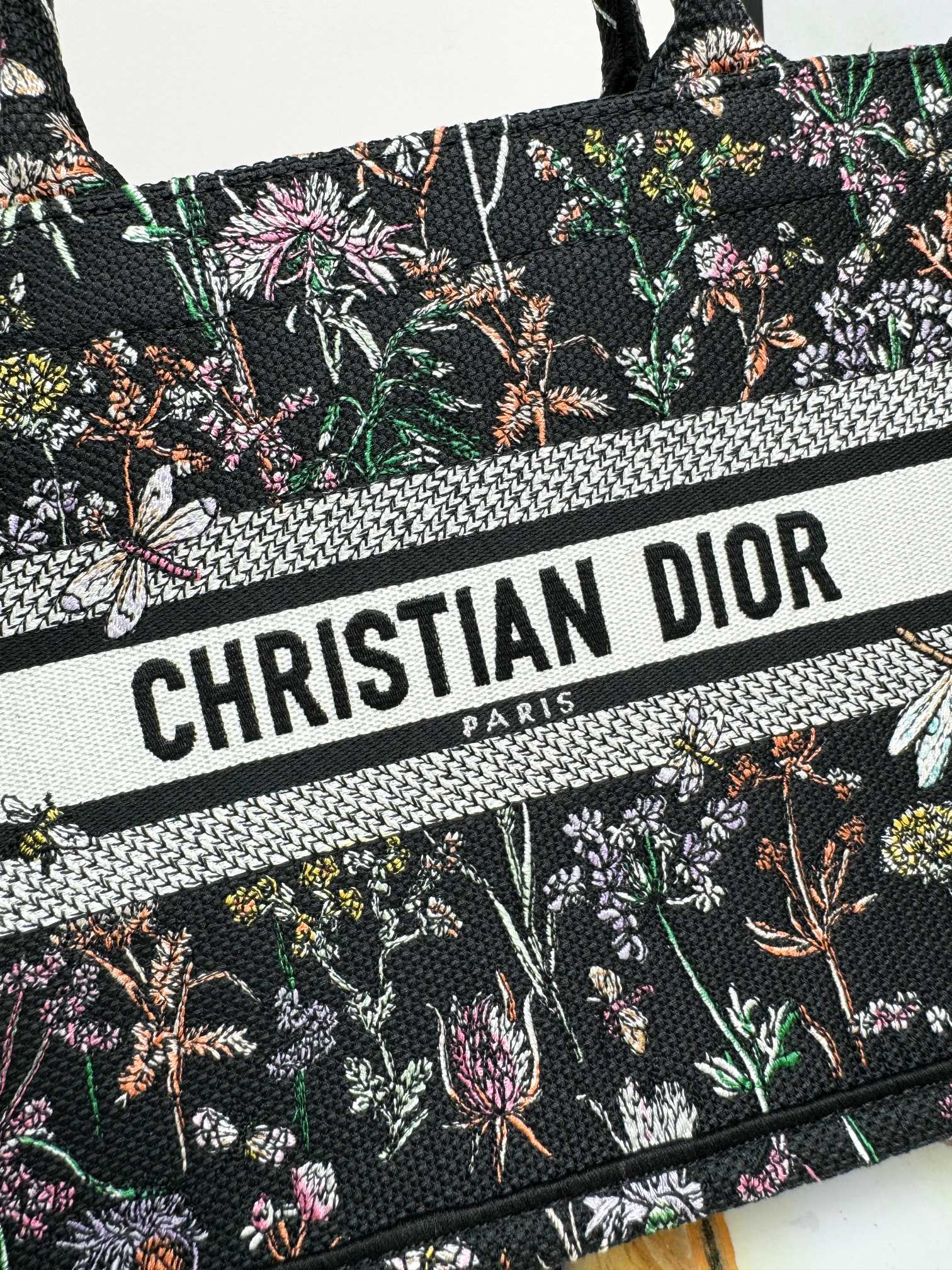 Christian Dior Book Tote with Multicolor Floral Embroidery - Black Canvas