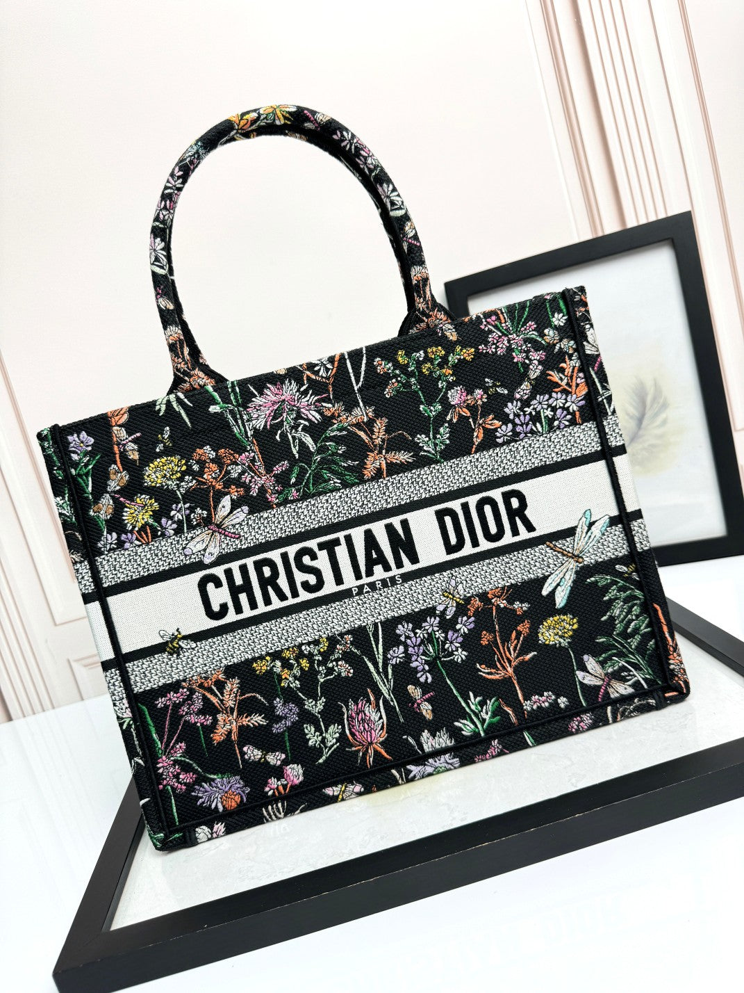 Christian Dior Book Tote Black Floral Embroidered Canvas Handbag