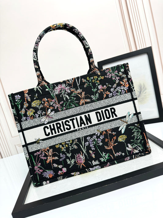 Christian Dior Book Tote Black Floral Embroidered Canvas Handbag