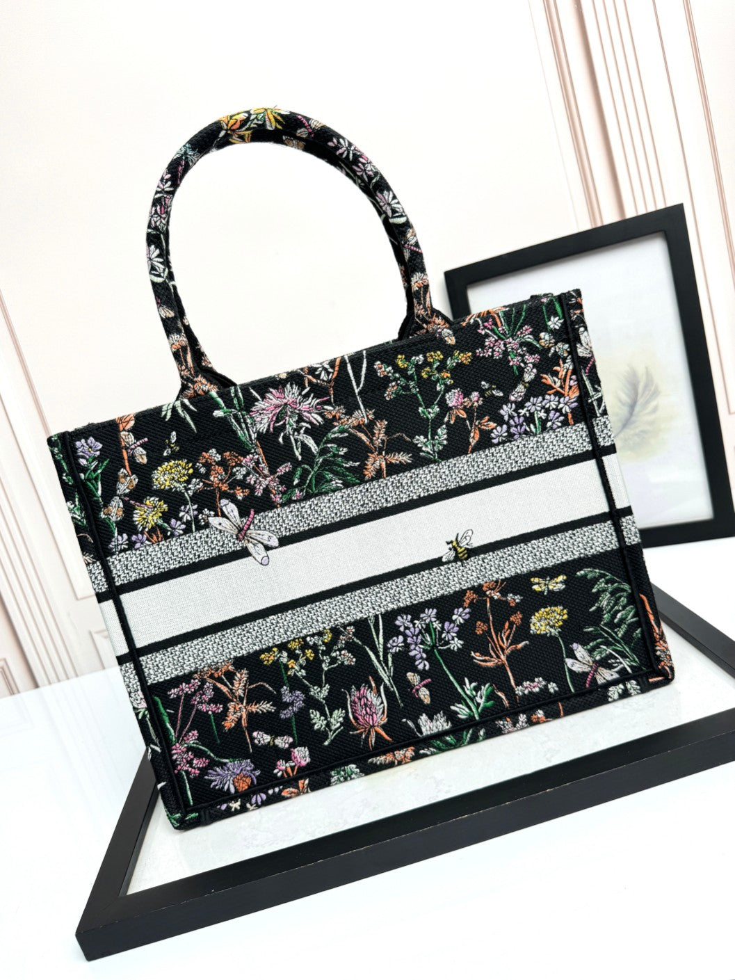 Christian Dior Book Tote Black Floral Embroidered Canvas Handbag