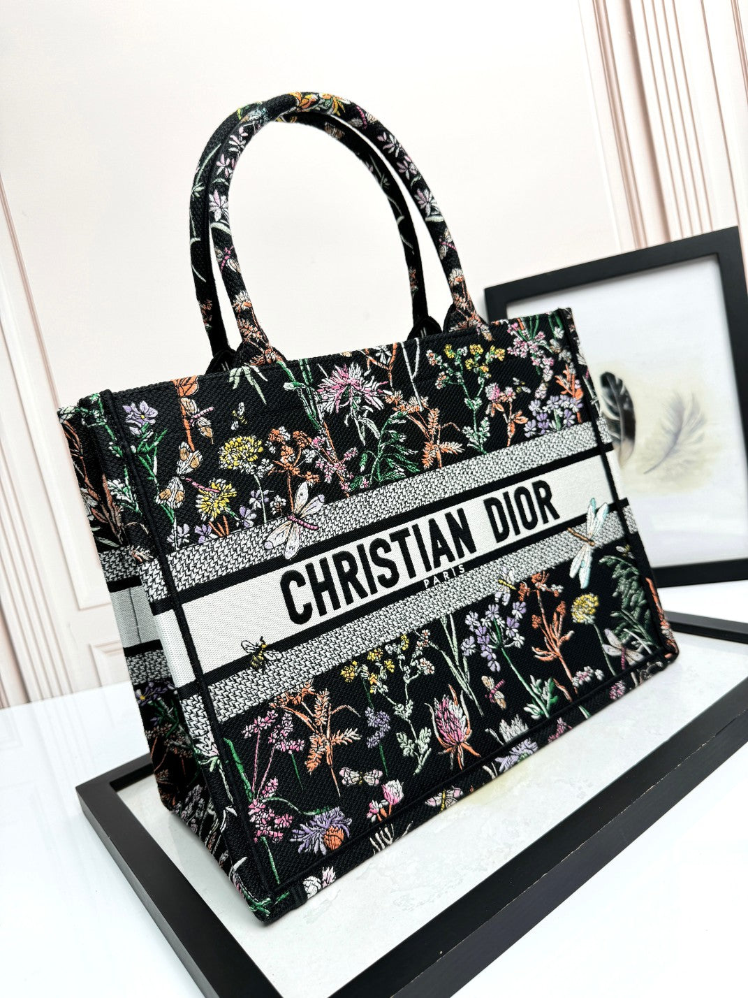 Christian Dior Large Book Tote Black Herbarium Floral Canvas Handbag