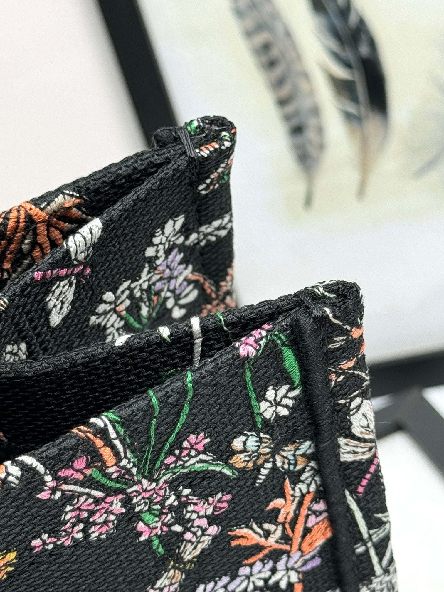 Dior Luxury Black Floral and Dragonfly Embroidered Canvas Tote Bag