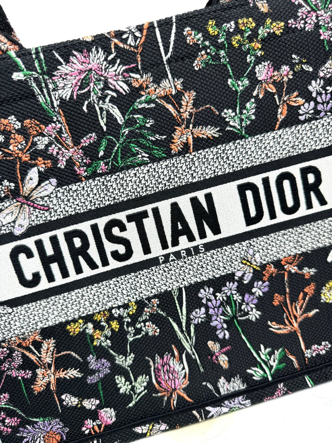Christian Dior Book Tote Black Floral Embroidered Canvas Handbag