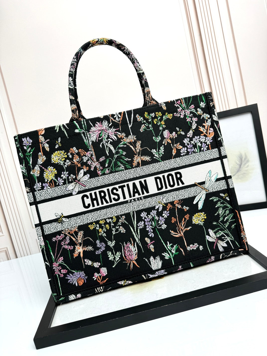 Christian Dior Large Book Tote Black Dior Flowers Embroidered Canvas Bag