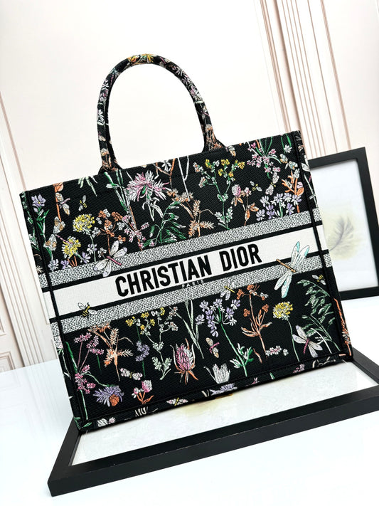Christian Dior Large Book Tote Black Dior Flowers Embroidered Canvas Bag