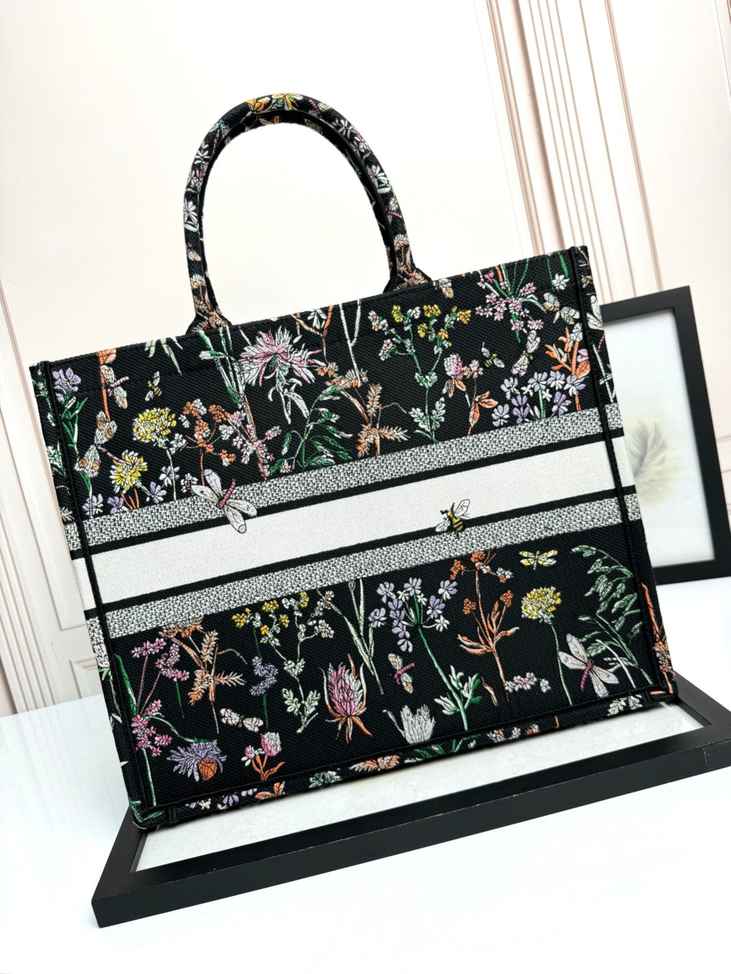 Christian Dior Large Book Tote Black Dior Flowers Embroidered Canvas Bag