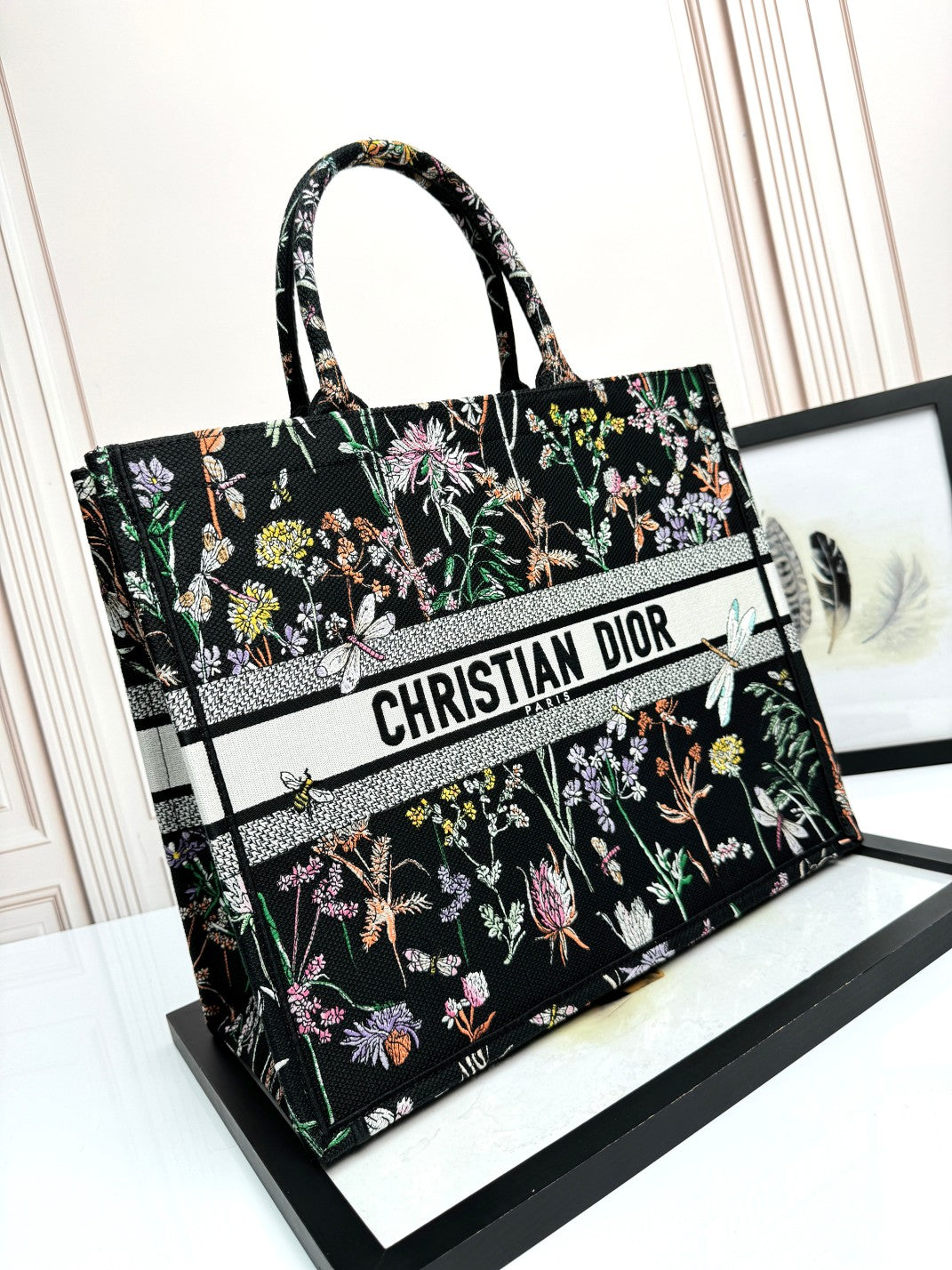Christian Dior Large Book Tote Black Dior Flowers Embroidered Canvas Bag