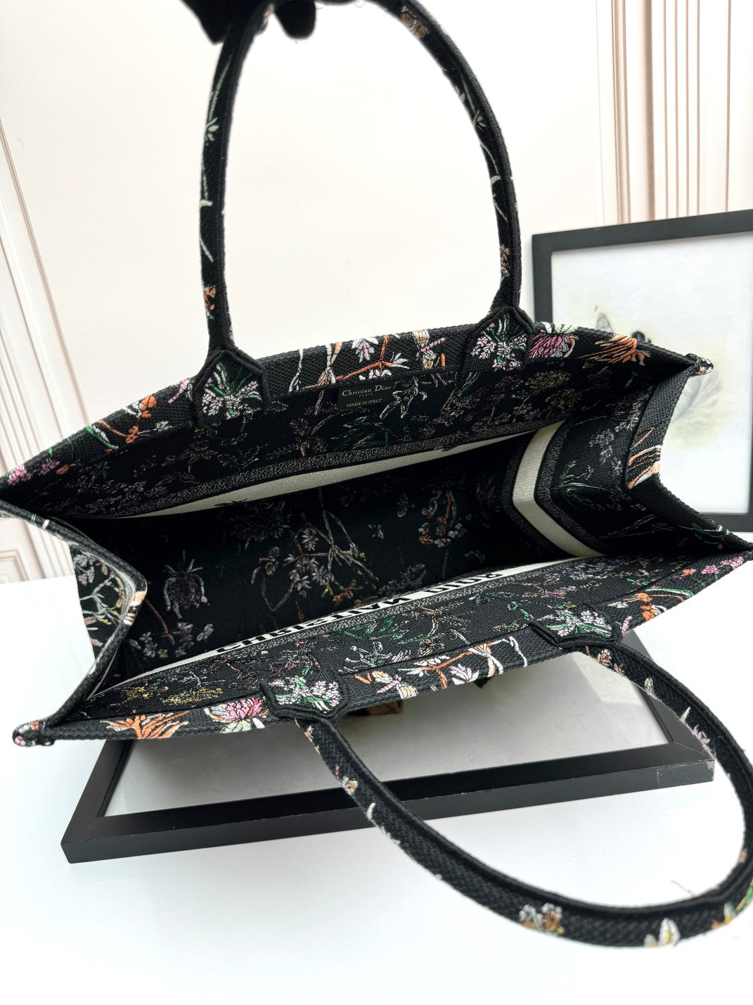 Christian Dior Large Book Tote Black Canvas with Multi-Color Floral and Dragonfly Embroidery