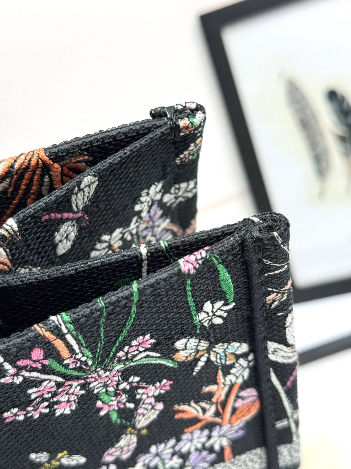 Christian Dior Large Book Tote Black Canvas with Multi-Color Floral and Dragonfly Embroidery