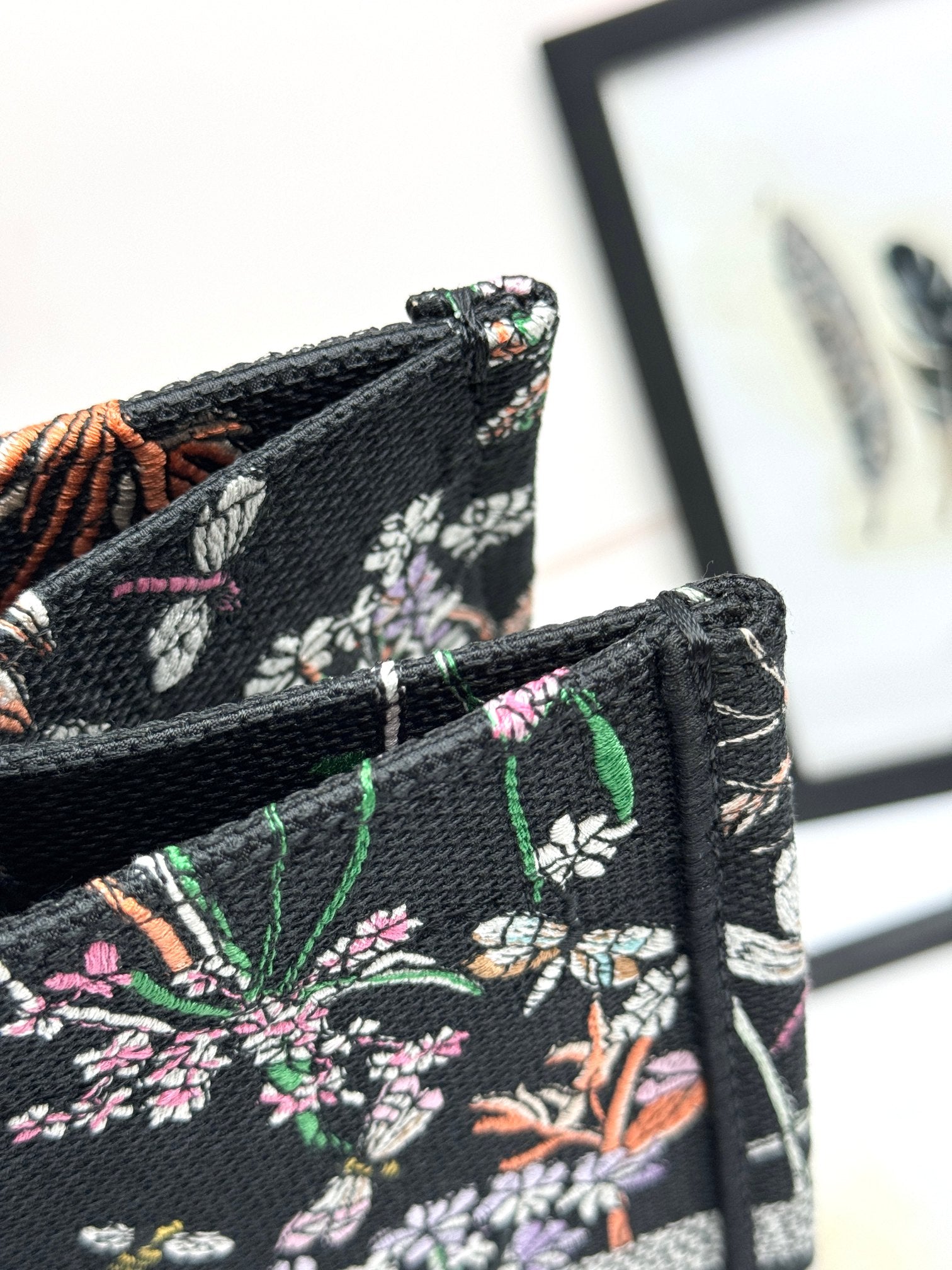 Christian Dior Large Book Tote Black Canvas with Multi-Color Floral and Dragonfly Embroidery