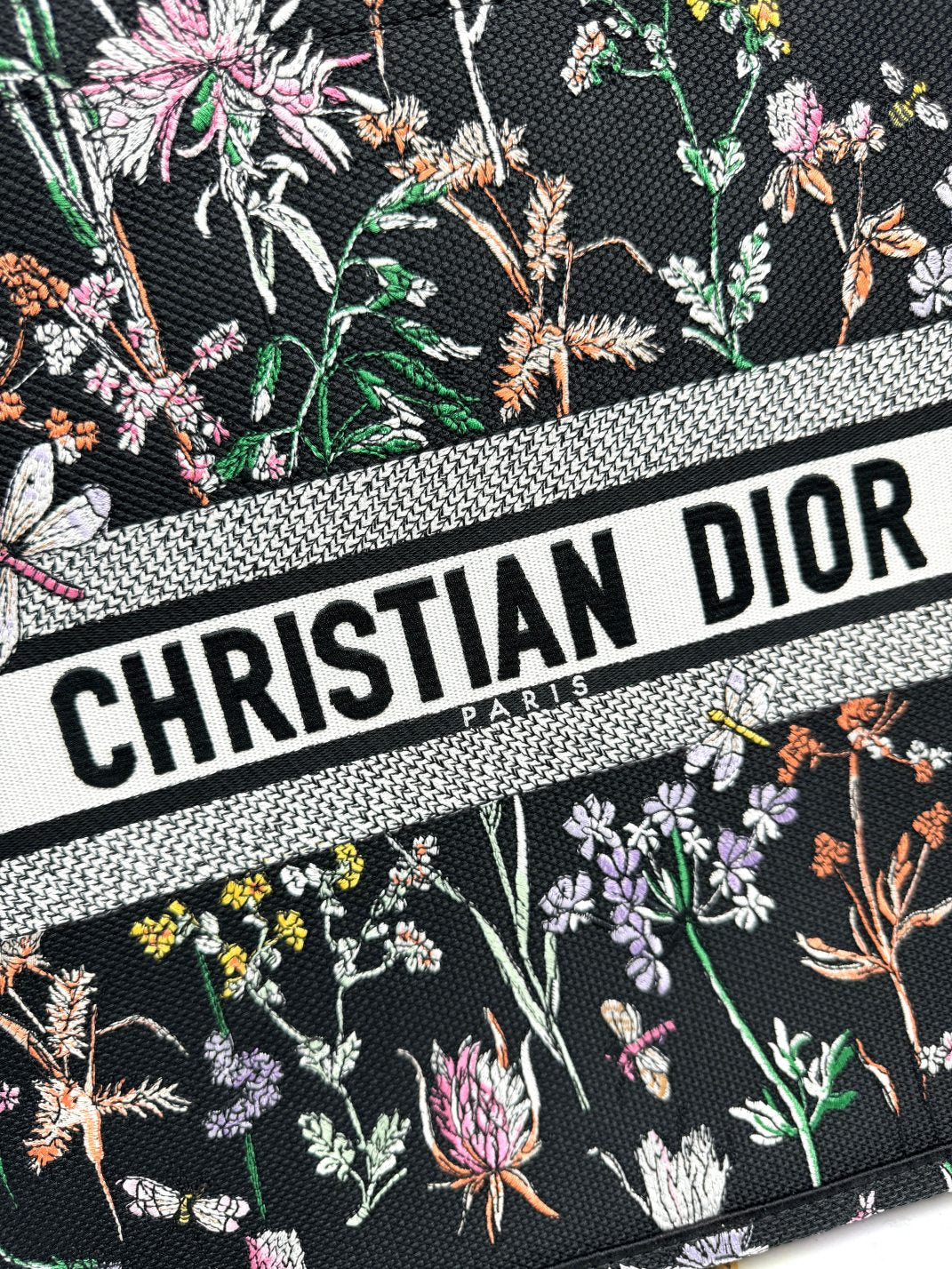 Christian Dior Large Book Tote Black Canvas with Multi-Color Floral and Dragonfly Embroidery