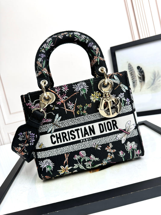 Christian Dior Lady D-Lite Bag - Black Floral Embroidery
