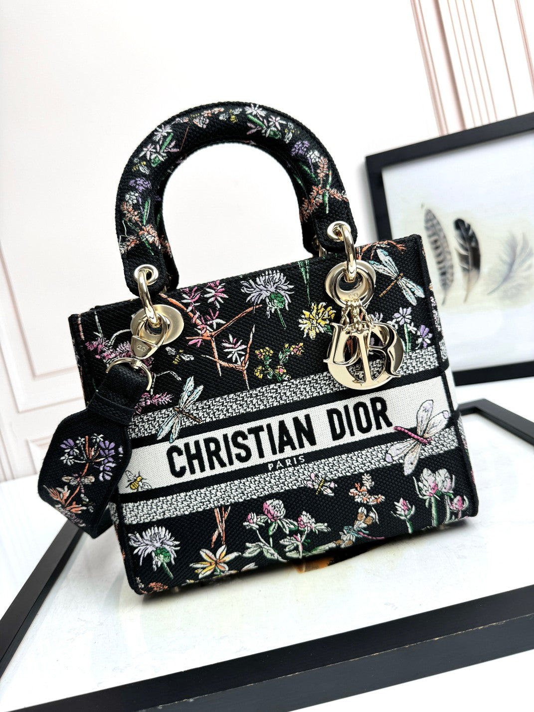 Christian Dior Lady D-Lite Bag with Floral and Dragonfly Embroidery - Black