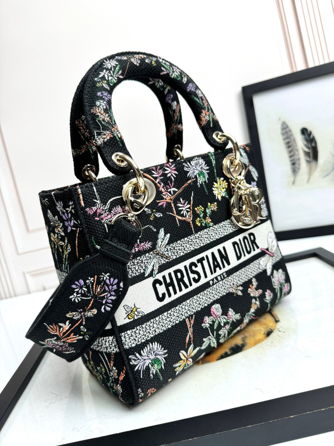 Christian Dior Lady D-Lite Bag with Floral and Dragonfly Embroidery - Black