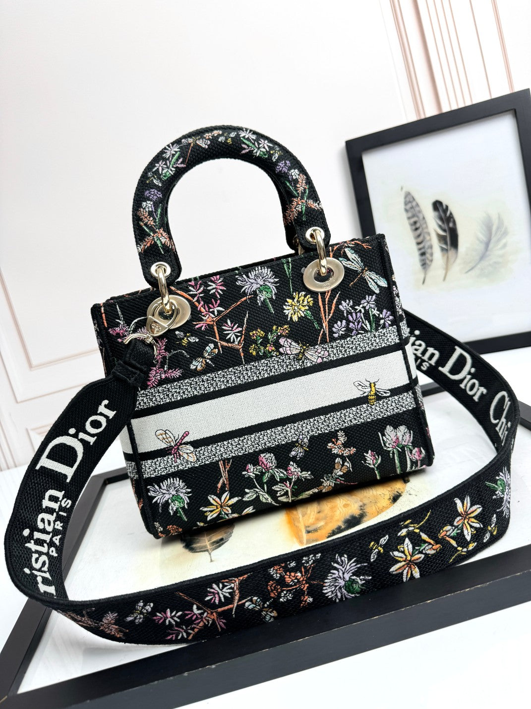Dior Black Embroidered Floral Top Handle Bag with Shoulder Strap