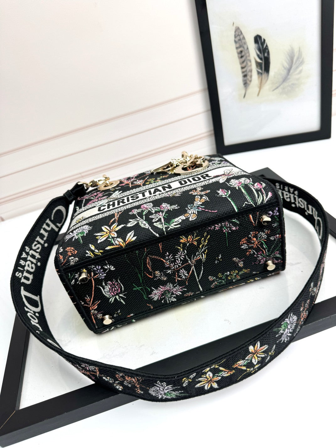 Christian Dior Lady D-Lite Bag - Black Floral Embroidery