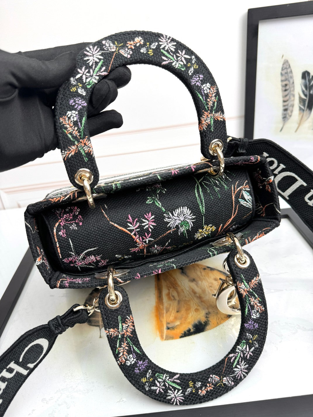 Christian Dior Lady D-Lite Bag with Floral and Dragonfly Embroidery - Black