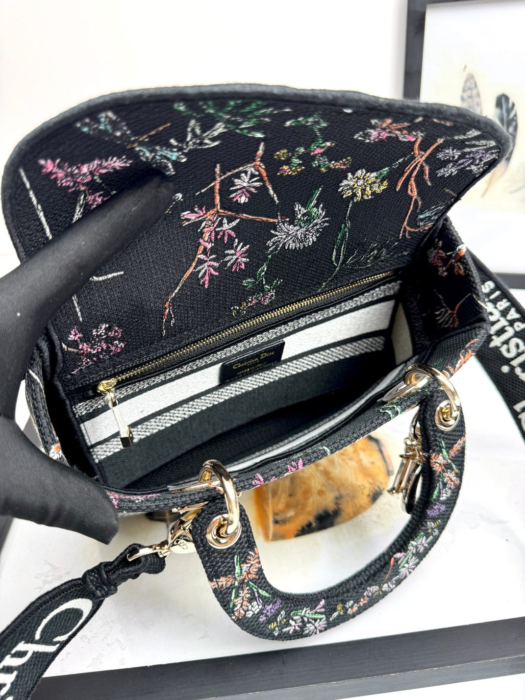 Christian Dior Lady D-Lite Bag with Floral and Dragonfly Embroidery - Black