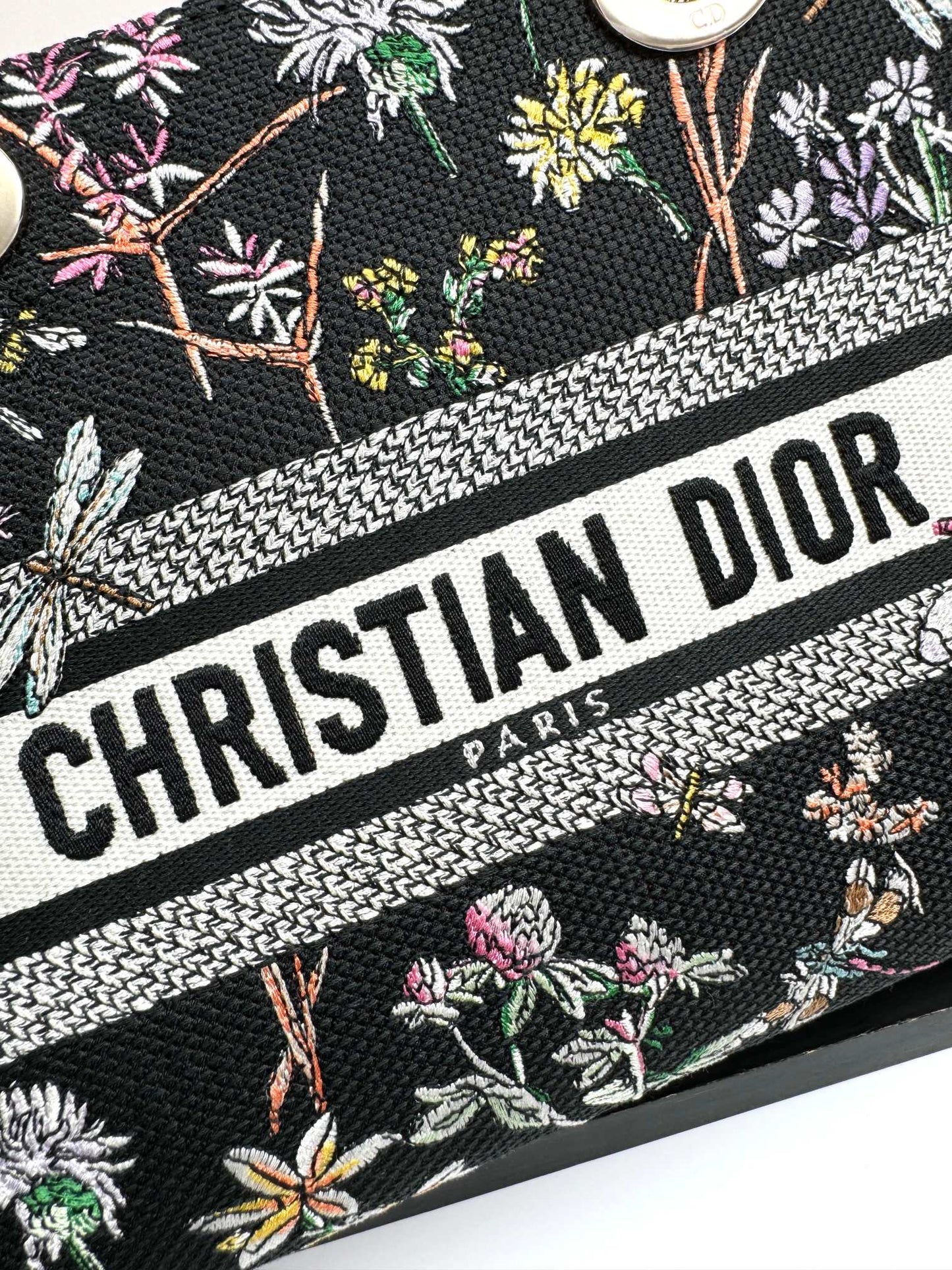 Christian Dior Lady D-Lite Bag with Floral and Dragonfly Embroidery - Black