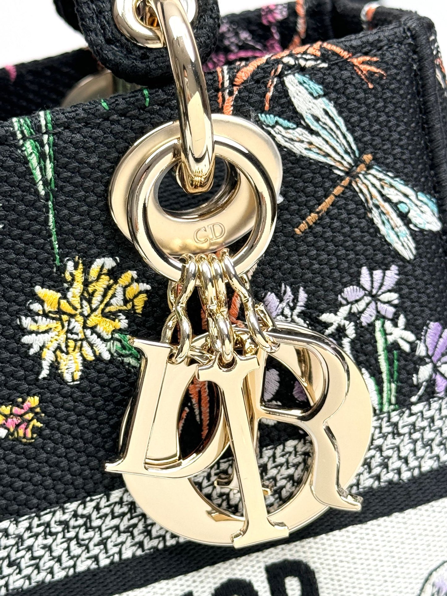 Christian Dior Lady D-Lite Bag with Floral and Dragonfly Embroidery - Black